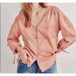 Madewell Cotton Button Up Blouse V Neck Tie Sleeve Boxy Fit Plaid Peach Color L
